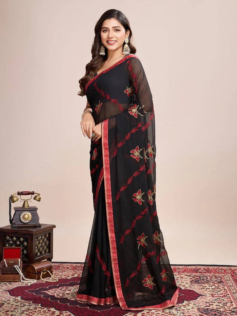 Black Georgette Saree With Blouse Piece - EZBER
