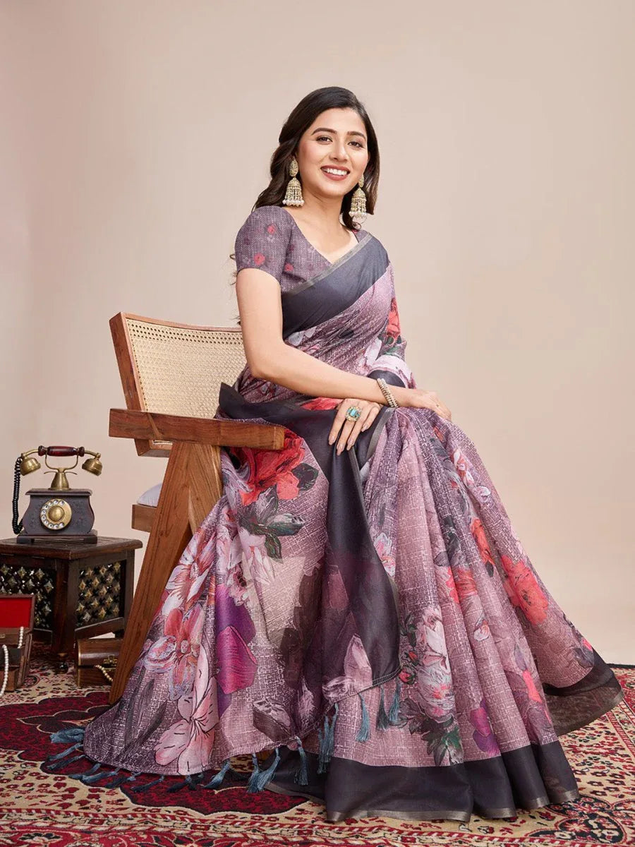 Black Linen Blend Saree With Blouse Piece - EZBER