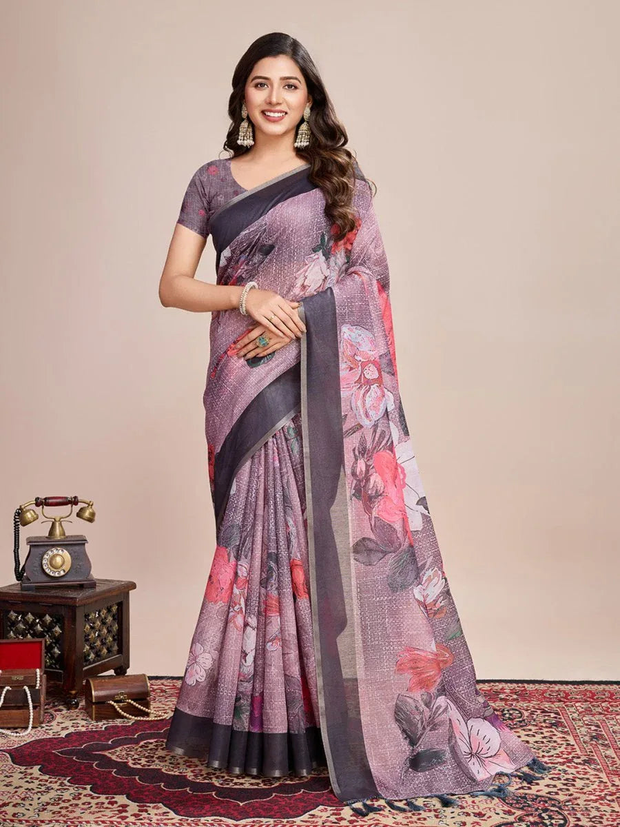Black Linen Blend Saree With Blouse Piece - EZBER