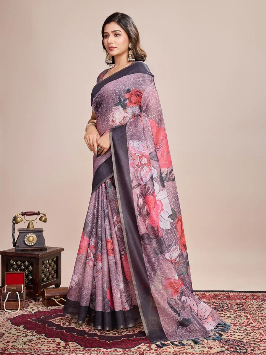 Black Linen Blend Saree With Blouse Piece - EZBER