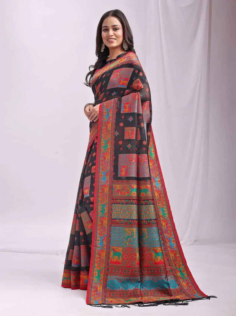 Black Linen Cotton Saree With Blouse Piece - EZBER