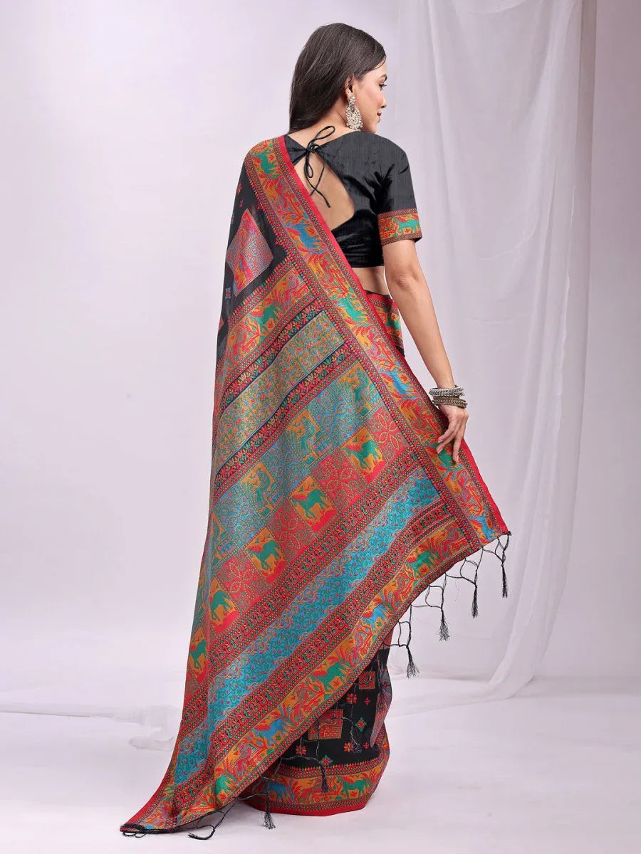 Black Linen Cotton Saree With Blouse Piece - EZBER
