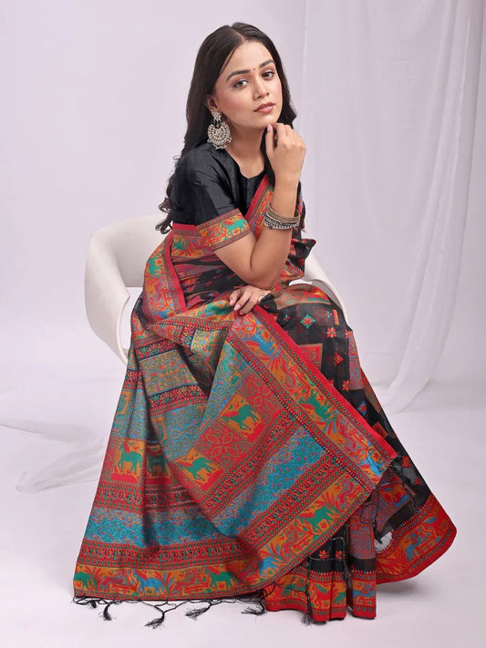 Black Linen Cotton Saree With Blouse Piece - EZBER