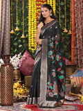 Black Linen Cotton Saree With Blouse Piece - EZBER