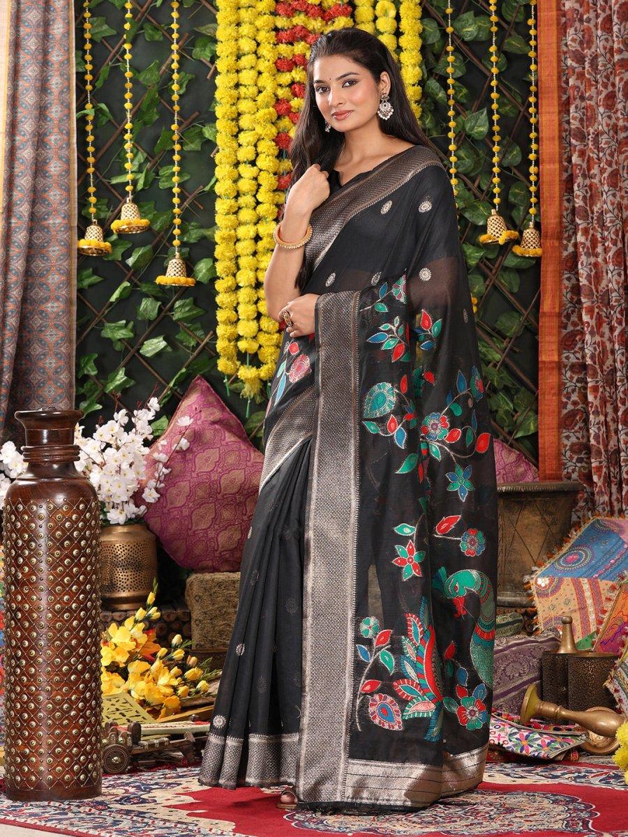 Black Linen Cotton Saree With Blouse Piece - EZBER