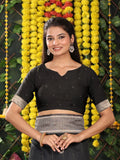 Black Linen Cotton Saree With Blouse Piece - EZBER