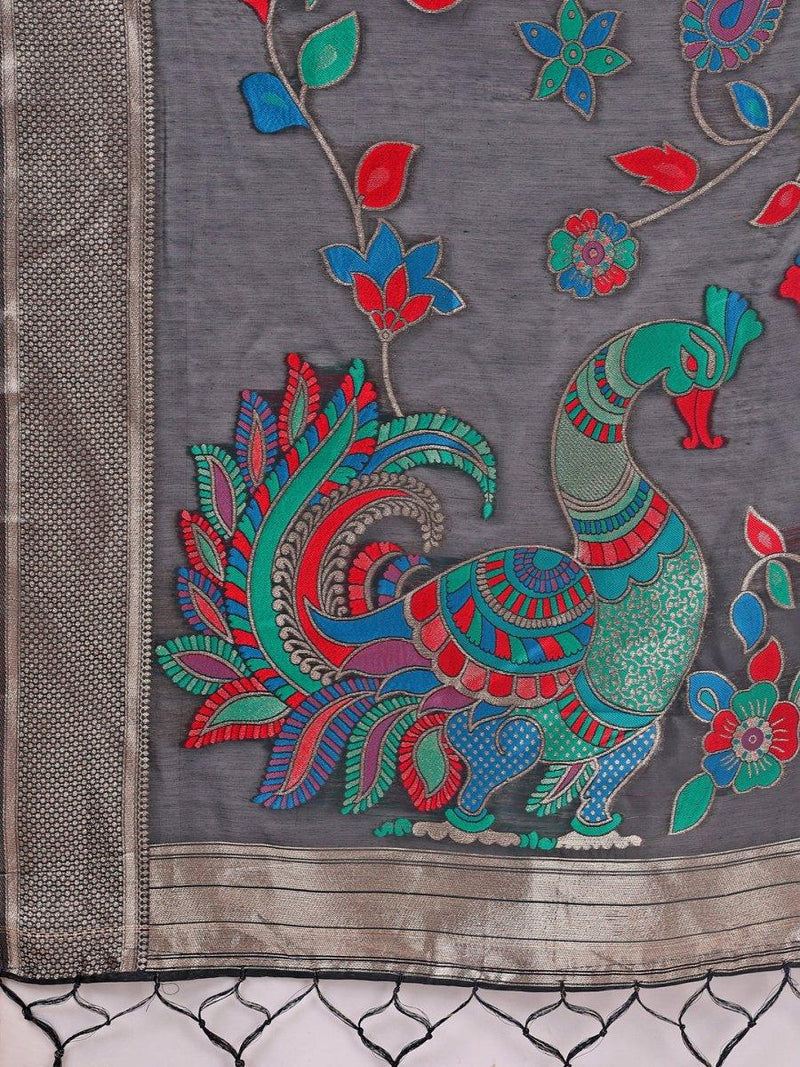 Black Linen Cotton Saree With Blouse Piece - EZBER