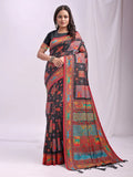 Black Linen Cotton Saree With Blouse Piece - EZBER