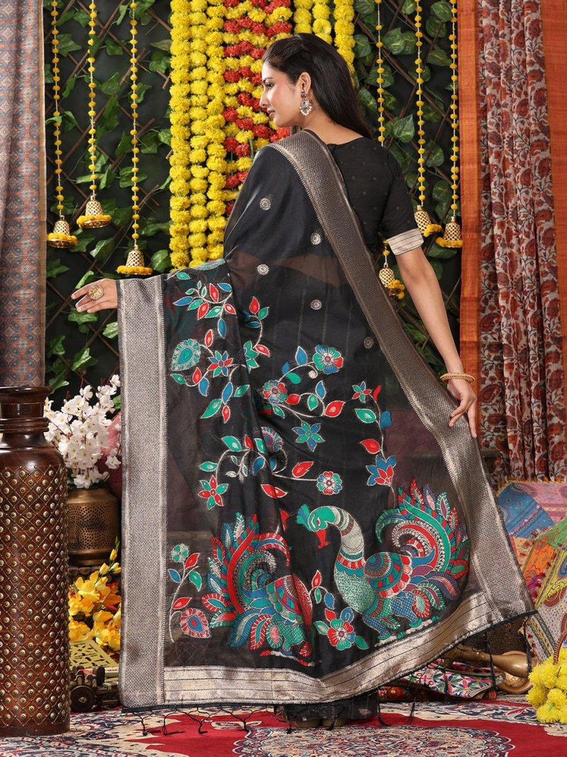 Black Linen Cotton Saree With Blouse Piece - EZBER