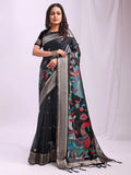 Black Linen Cotton Saree With Blouse Piece - EZBER