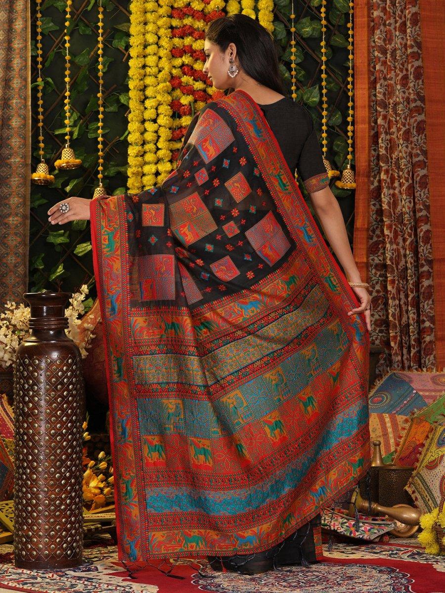 Black Linen Cotton Saree With Blouse Piece - EZBER