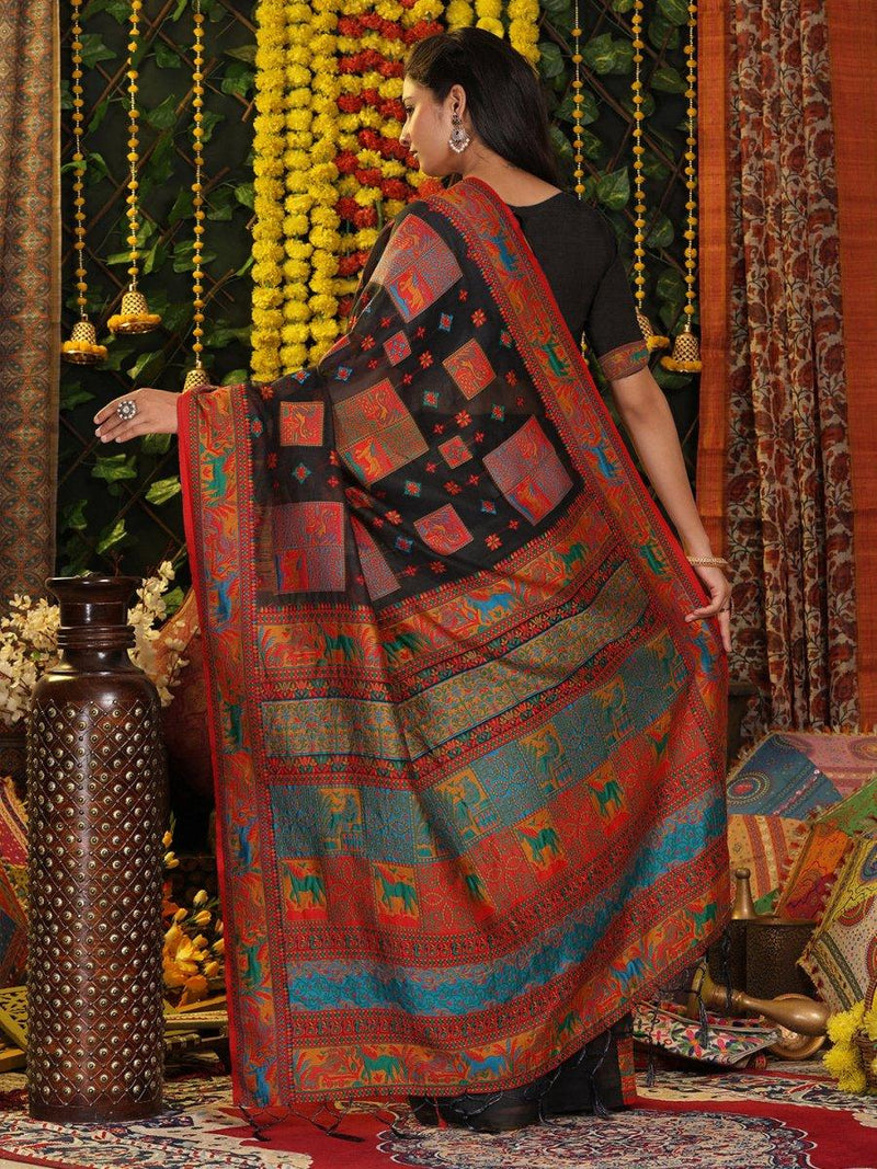 Black Linen Cotton Saree With Blouse Piece - EZBER