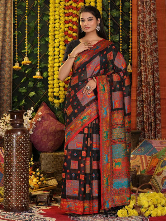 Black Linen Cotton Saree With Blouse Piece - EZBER