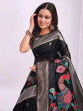 Black Linen Cotton Saree With Blouse Piece - EZBER