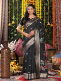 Black Linen Cotton Saree With Blouse Piece - EZBER