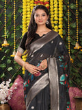 Black Linen Cotton Saree With Blouse Piece - EZBER