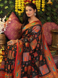 Black Linen Cotton Saree With Blouse Piece - EZBER