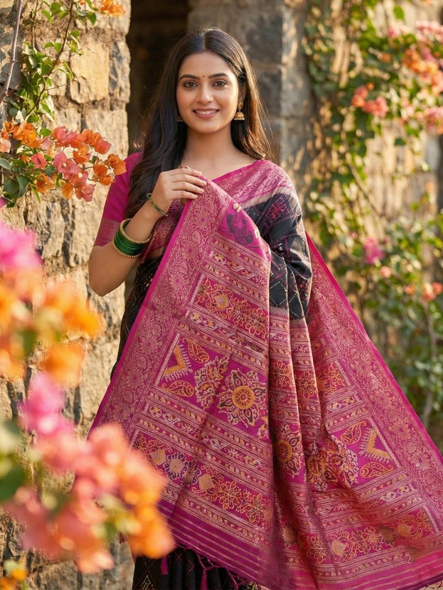 Black Pochampalli Silk Brocade Saree | EZB SI04 SRPOC4007 - EZBER