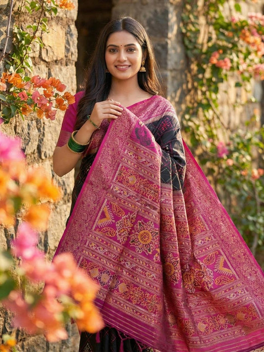 Black Pochampalli Silk Brocade Saree | EZB SI04 SRPOC4007 - EZBER