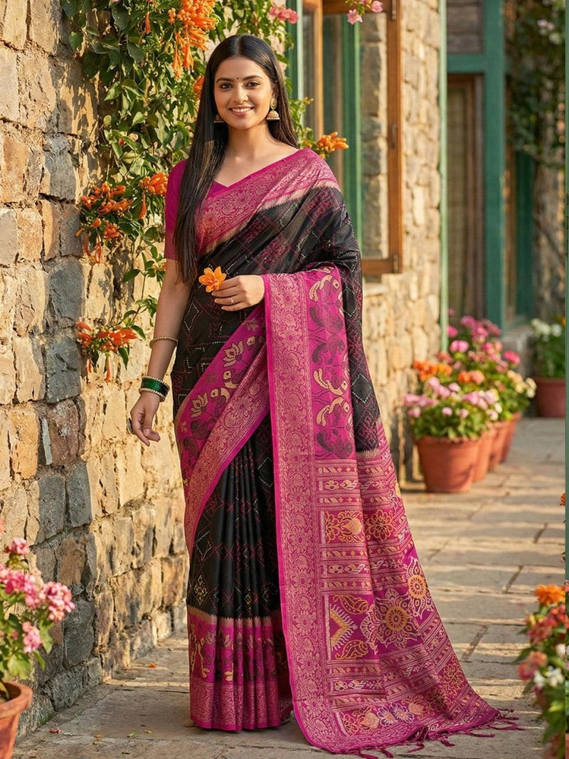 Black Pochampalli Silk Brocade Saree | EZB SI04 SRPOC4007 - EZBER