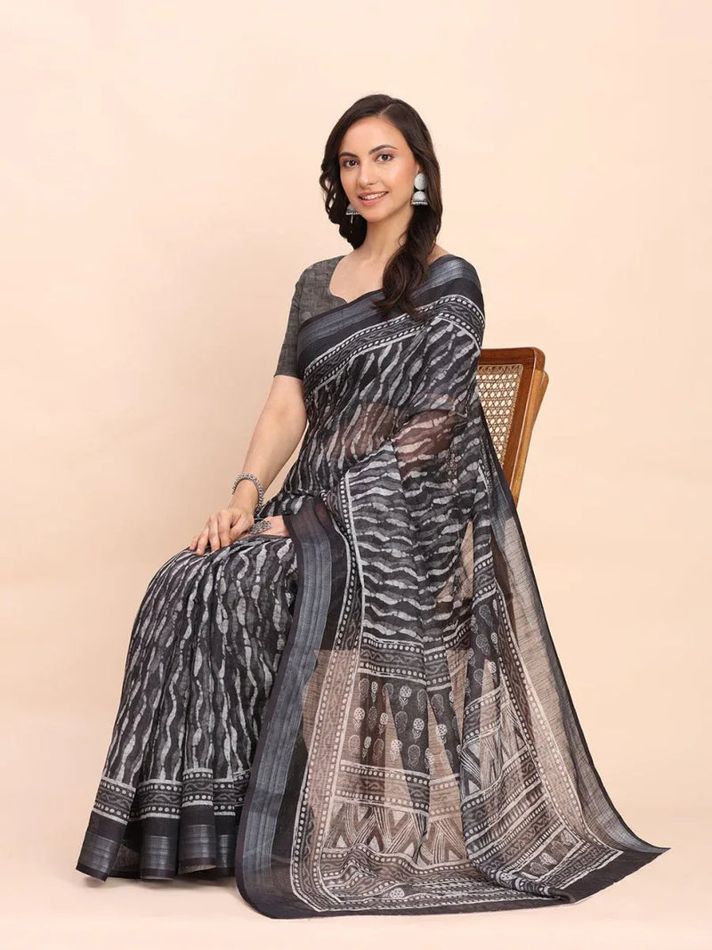 Black SANSKRIT PRINTS Linen Cotton Saree with Blouse Piece - EZBER