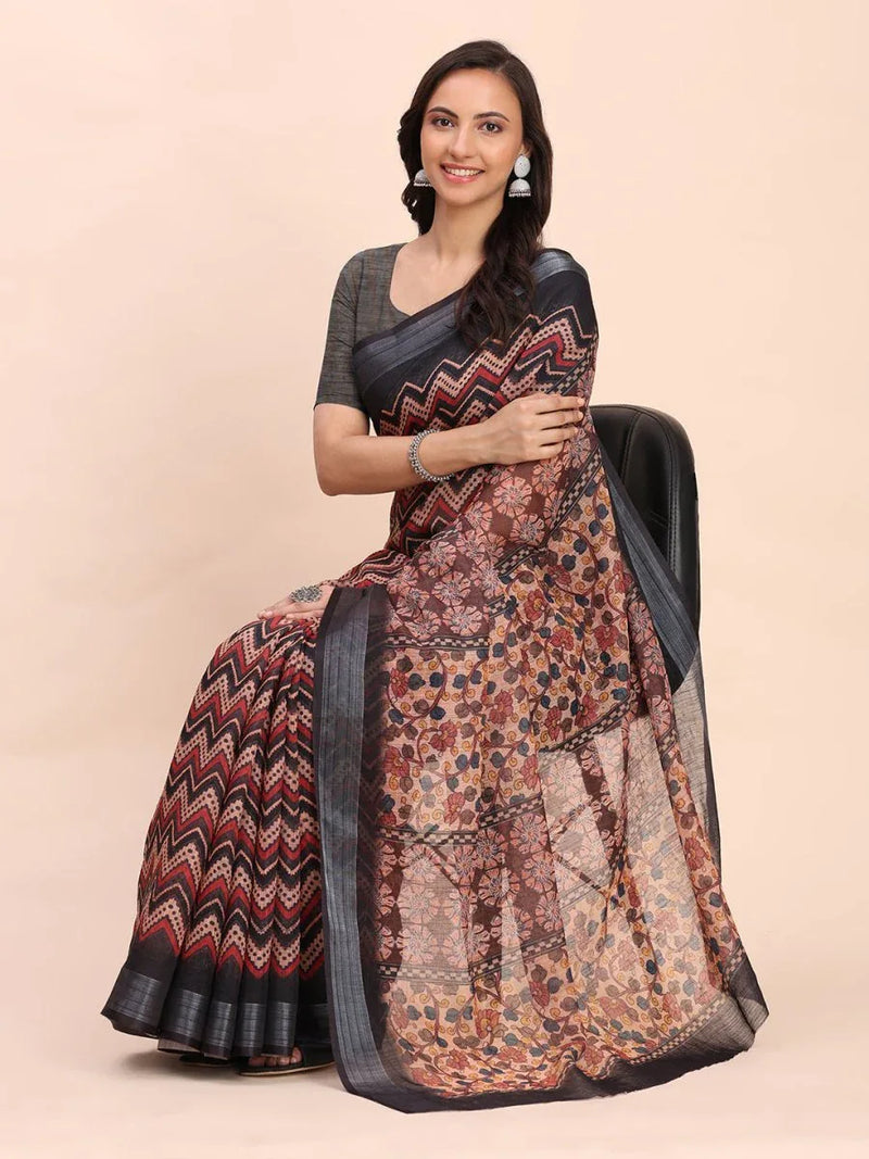 Black SANSKRIT PRINTS Linen Cotton Saree with Blouse Piece - EZBER