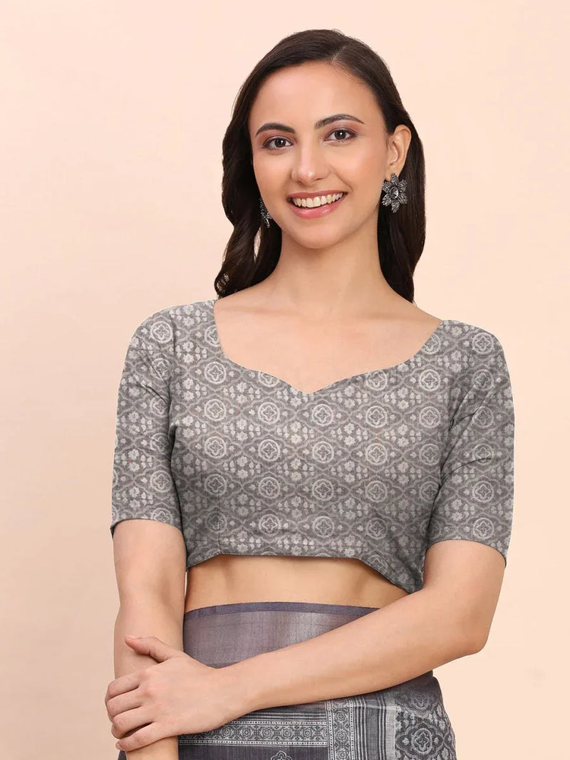 Black SANSKRIT PRINTS Linen Cotton Saree with Blouse Piece - EZBER