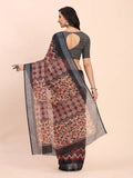 Black SANSKRIT PRINTS Linen Cotton Saree with Blouse Piece - EZBER