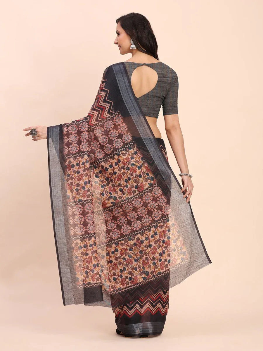 Black SANSKRIT PRINTS Linen Cotton Saree with Blouse Piece - EZBER