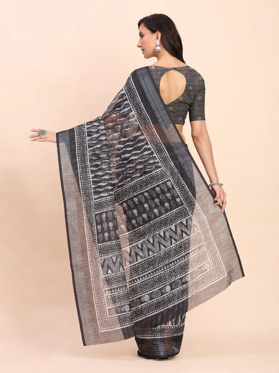 Black SANSKRIT PRINTS Linen Cotton Saree with Blouse Piece - EZBER