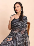 Black SANSKRIT PRINTS Linen Cotton Saree with Blouse Piece - EZBER