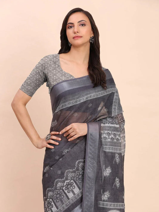 Black SANSKRIT PRINTS Linen Cotton Saree with Blouse Piece - EZBER