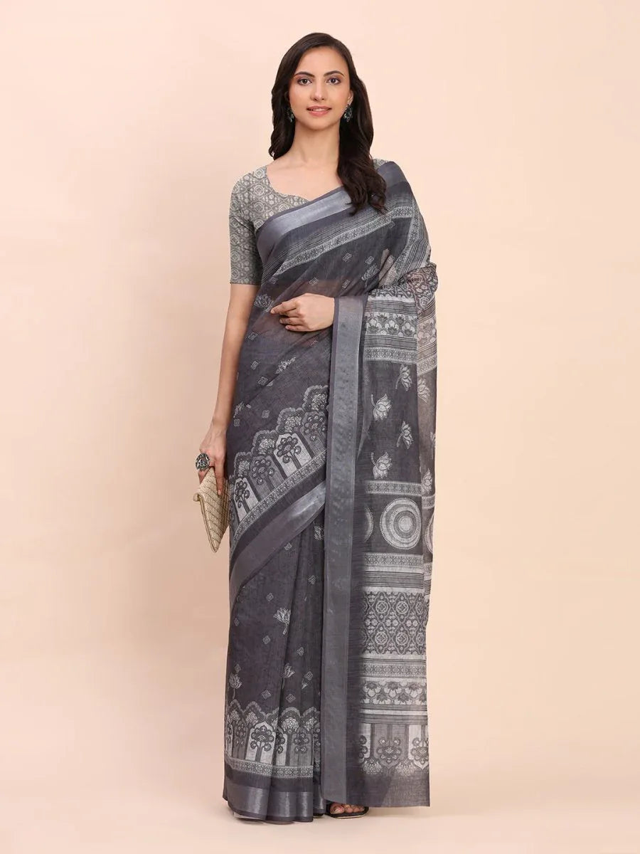 Black SANSKRIT PRINTS Linen Cotton Saree with Blouse Piece - EZBER