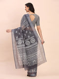 Black SANSKRIT PRINTS Linen Cotton Saree with Blouse Piece - EZBER