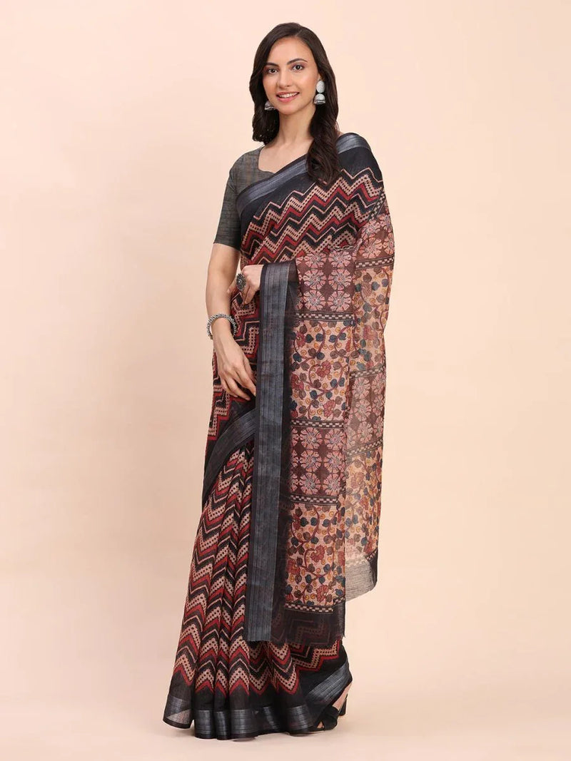 Black SANSKRIT PRINTS Linen Cotton Saree with Blouse Piece - EZBER
