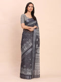Black SANSKRIT PRINTS Linen Cotton Saree with Blouse Piece - EZBER