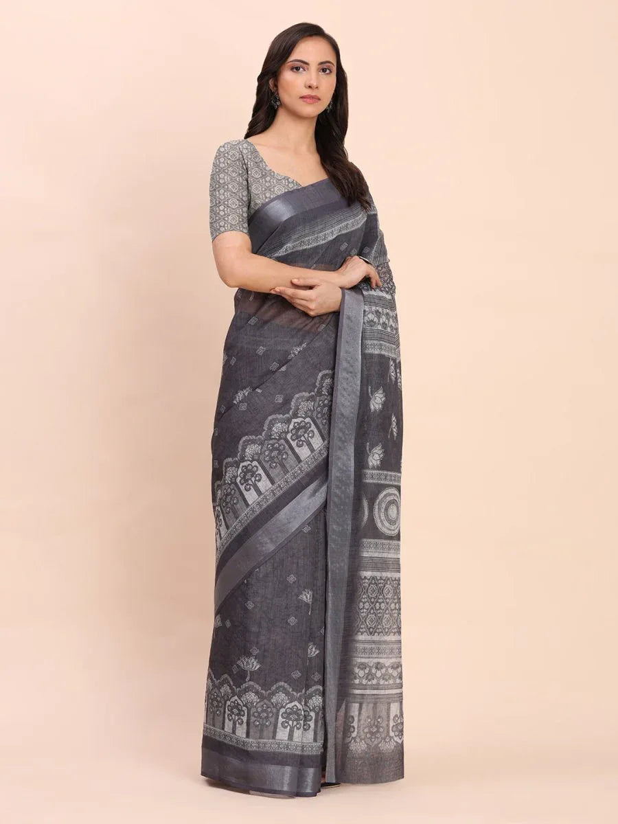 Black SANSKRIT PRINTS Linen Cotton Saree with Blouse Piece - EZBER