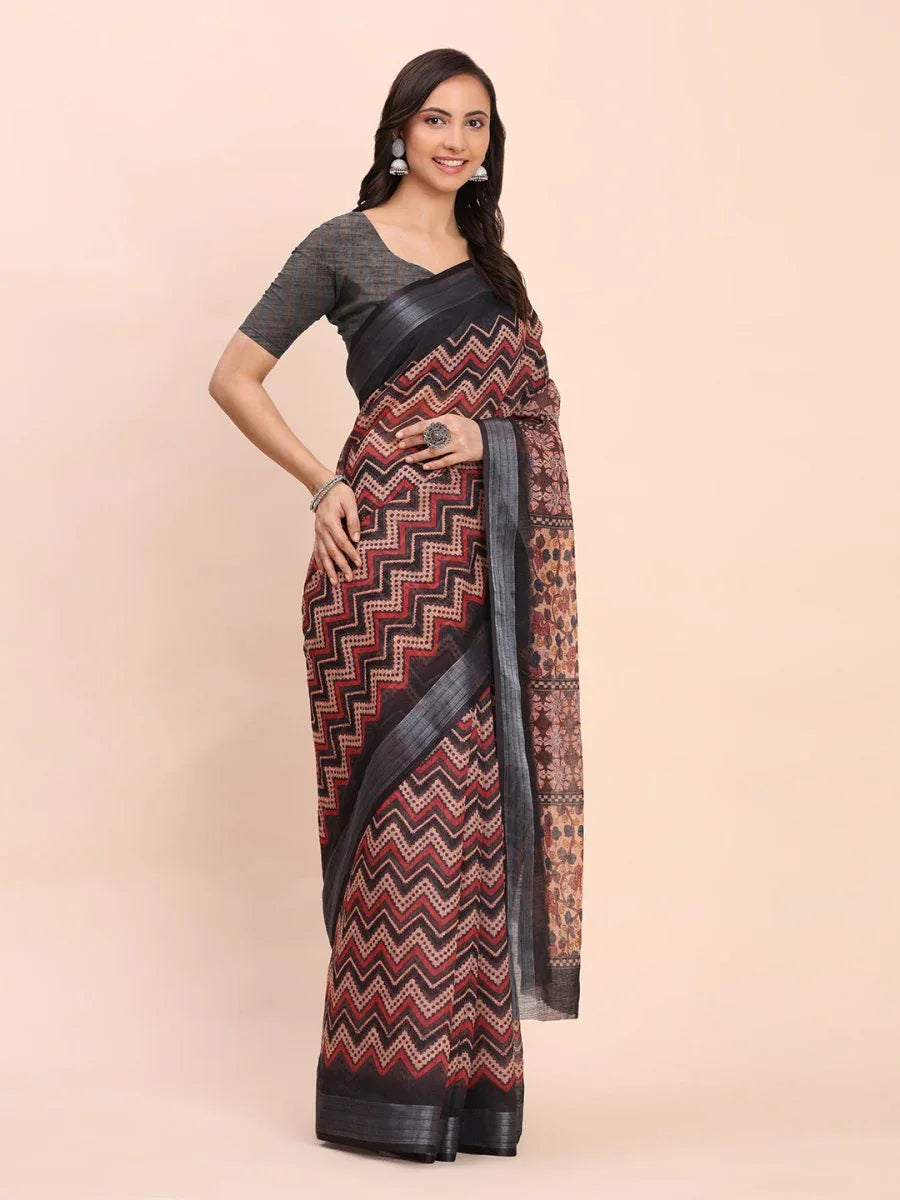Black SANSKRIT PRINTS Linen Cotton Saree with Blouse Piece - EZBER