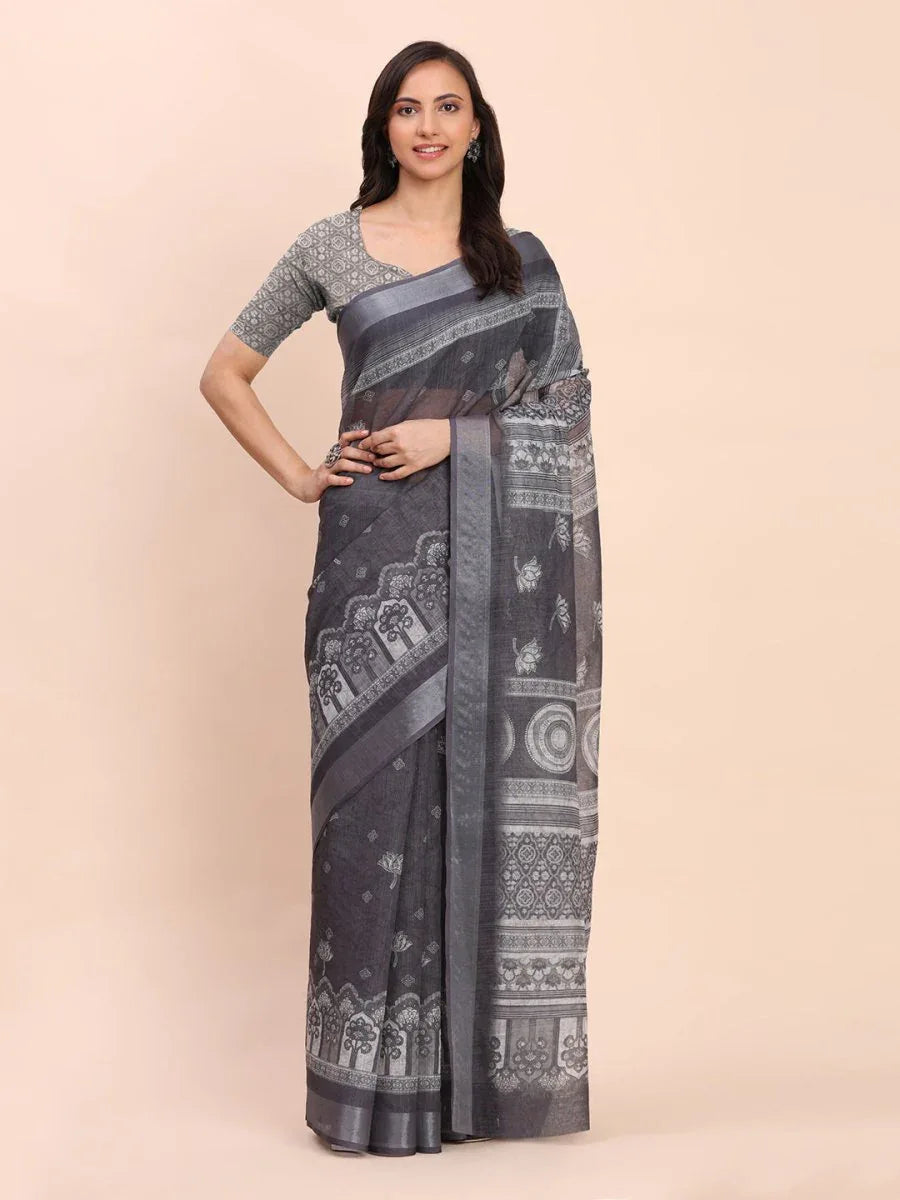Black SANSKRIT PRINTS Linen Cotton Saree with Blouse Piece - EZBER