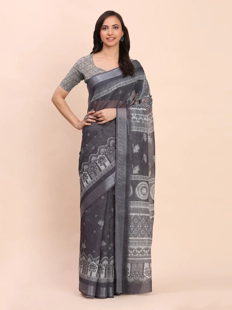 Black SANSKRIT PRINTS Linen Cotton Saree with Blouse Piece - EZBER