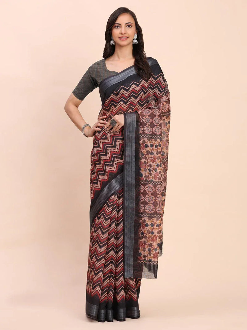Black SANSKRIT PRINTS Linen Cotton Saree with Blouse Piece - EZBER