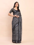 Black SANSKRIT PRINTS Linen Cotton Saree with Blouse Piece - EZBER