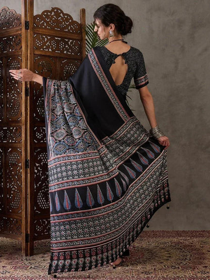 Black Semi Modal Saree | EZB GF02 LUX 3004 - EZBER