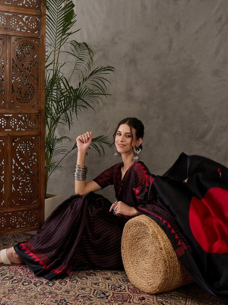 Black Semi Modal Saree With Blouse Piece - EZBER