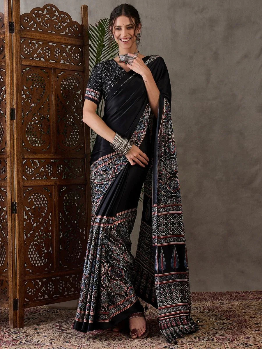 Black Semi Modal Saree With Blouse Piece - EZBER