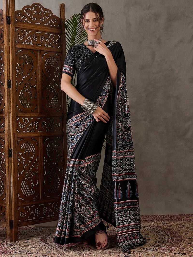 Black Semi Modal Saree With Blouse Piece - EZBER