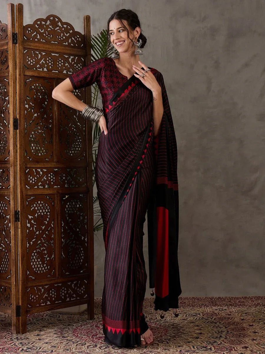 Black Semi Modal Saree With Blouse Piece - EZBER