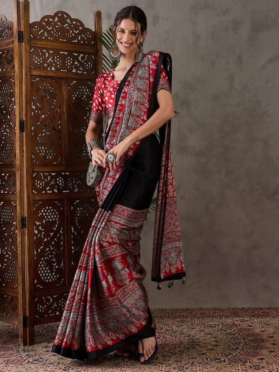 Black Semi Modal Saree With Blouse Piece - EZBER