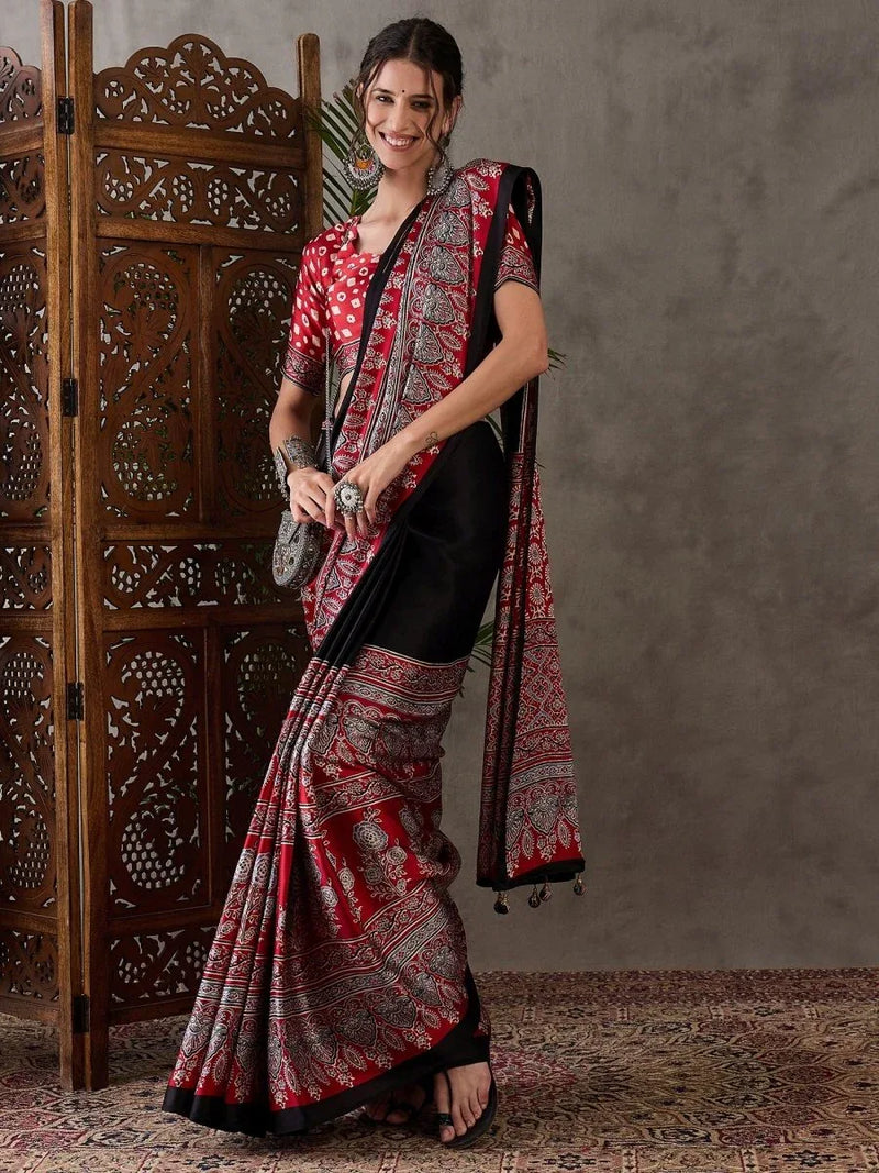 Black Semi Modal Saree With Blouse Piece - EZBER