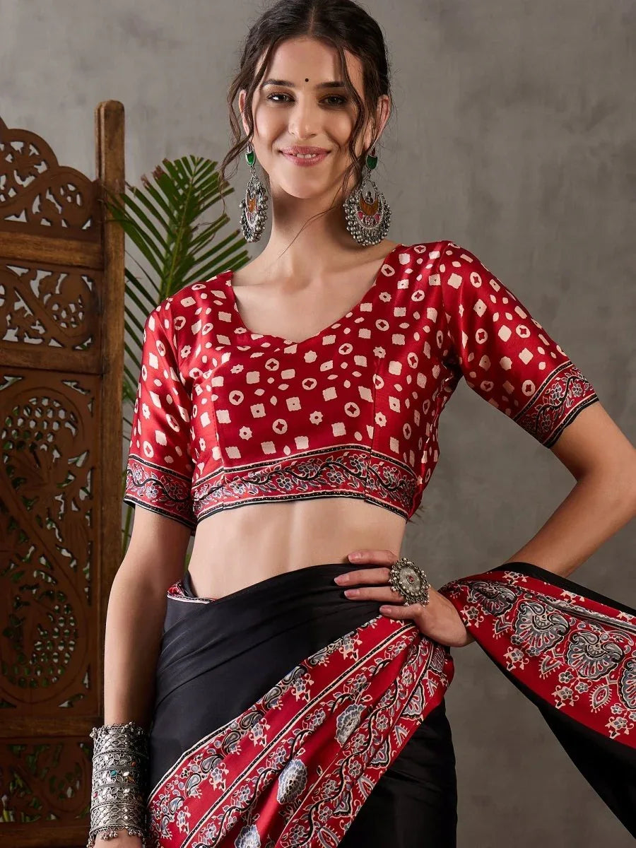 Black Semi Modal Saree With Blouse Piece - EZBER